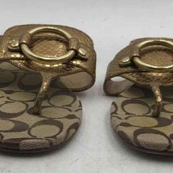 Coach Designer MONOGRAM TStrap Sandals with Logo Pattern / Brown & Gold - Size 9 - Picture 4 of 7